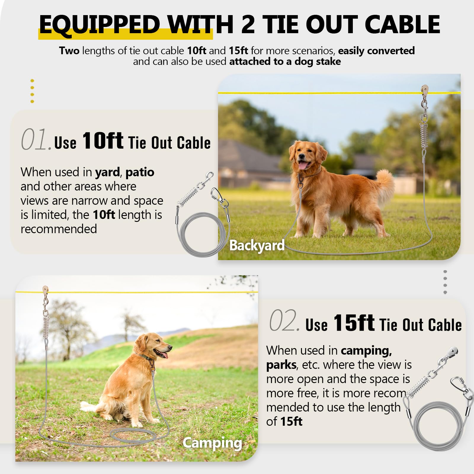 Professional Dog Runner Trolley System,Heavy Duty & Adjustable 30Ft Dog Zip Line With 10Ft & 15Ft Tie Out For Large Dogs Up To 2